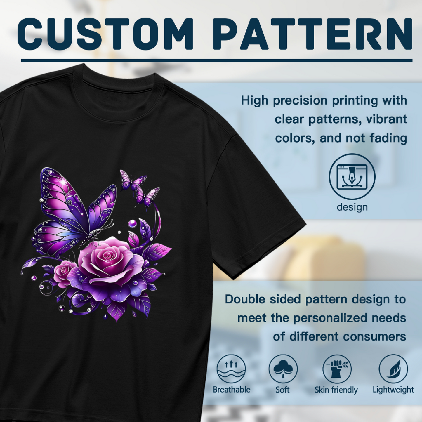 Purple Glitter Rose Butterfly Gothic Floral Tee