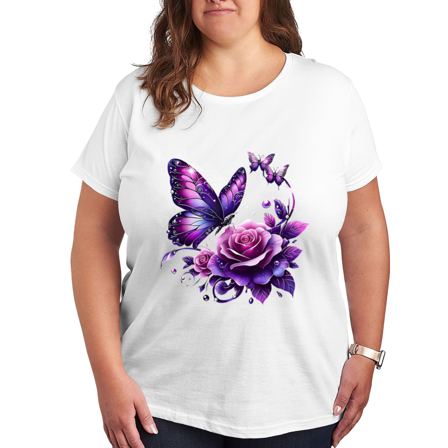 Purple Glitter Rose Butterfly Gothic Floral Tee