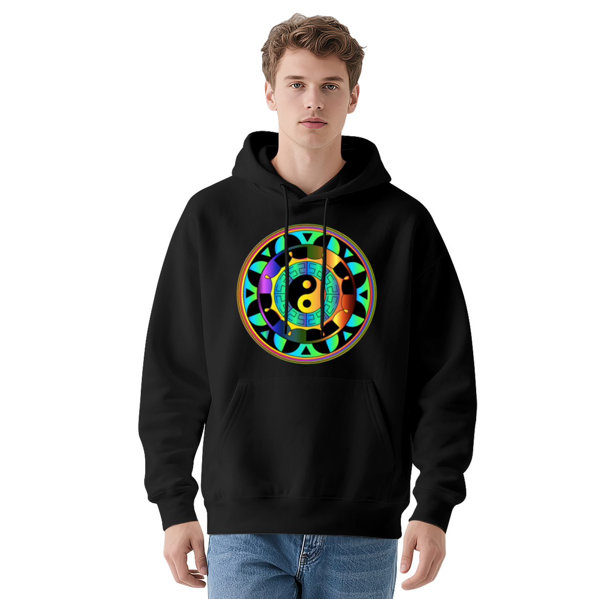 Rainbow Yin Yang Mandala Print Black Hoodie, Spiritual Soft Comfort Hooded Top