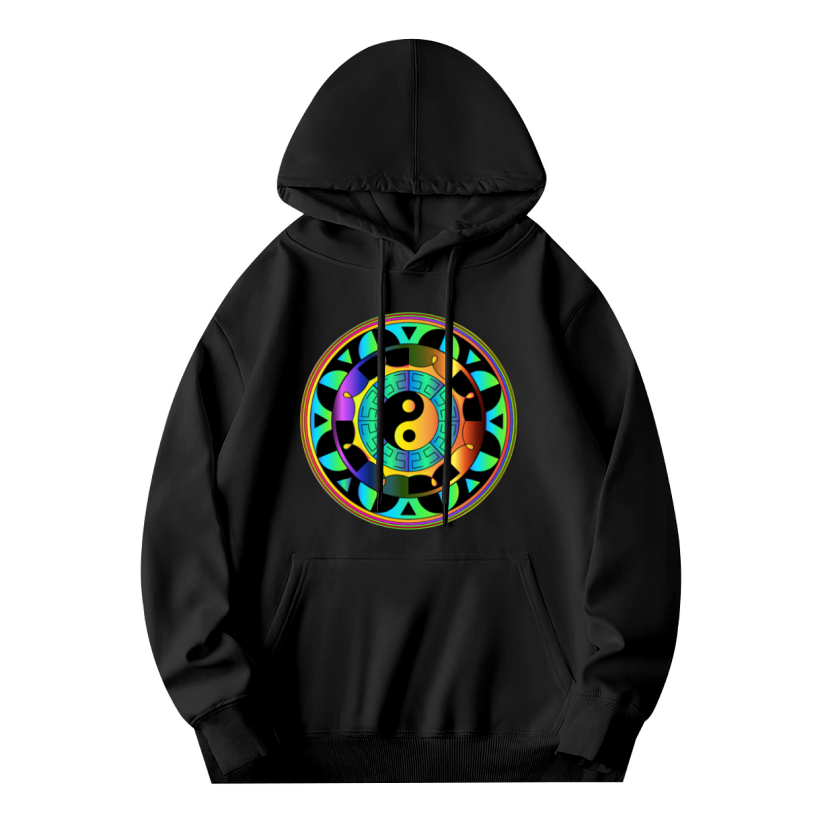 Rainbow Yin Yang Mandala Print Black Hoodie, Spiritual Soft Comfort Hooded Top