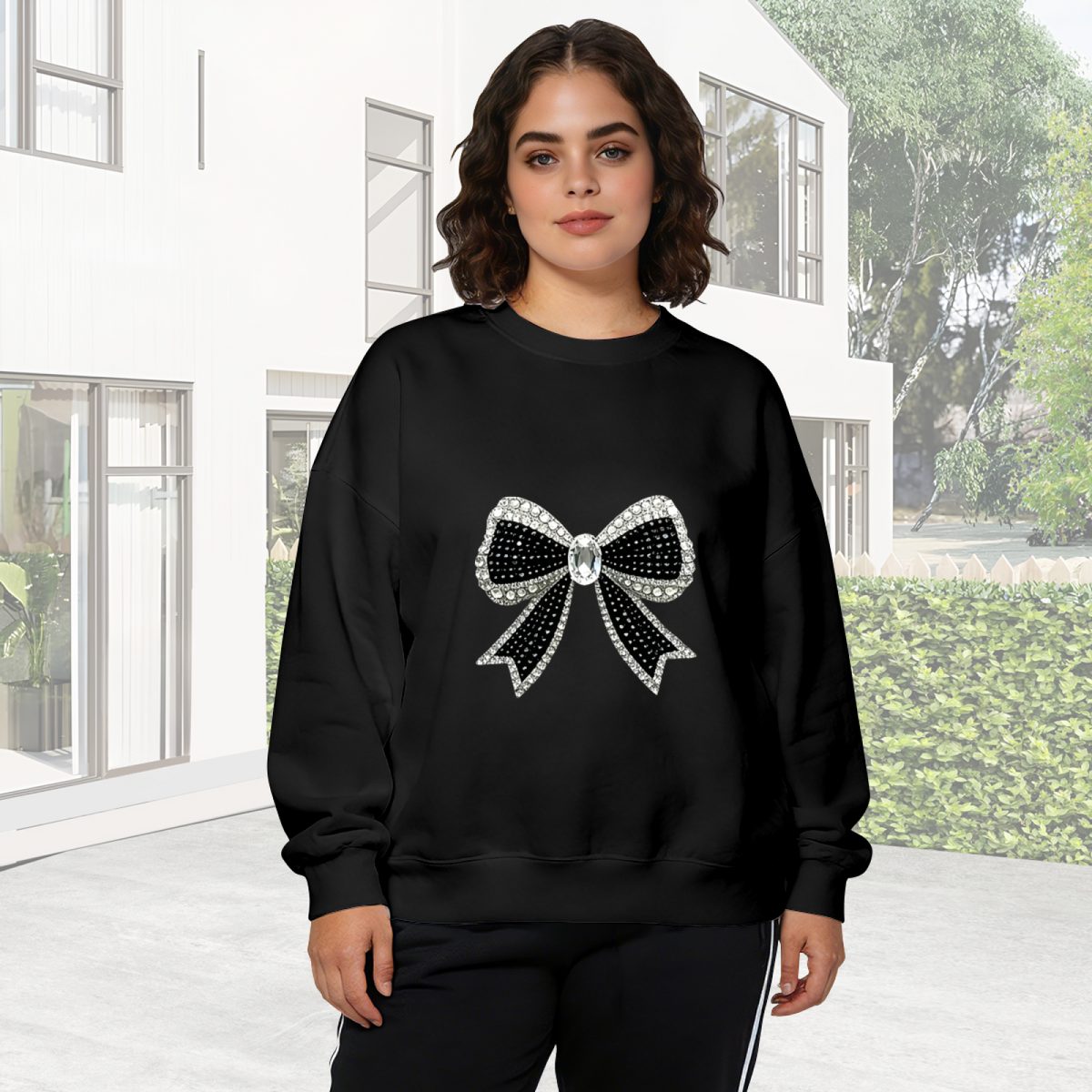 Sparkle Rhinestone?Look Bow Fashion Crewneck Sweatshirt