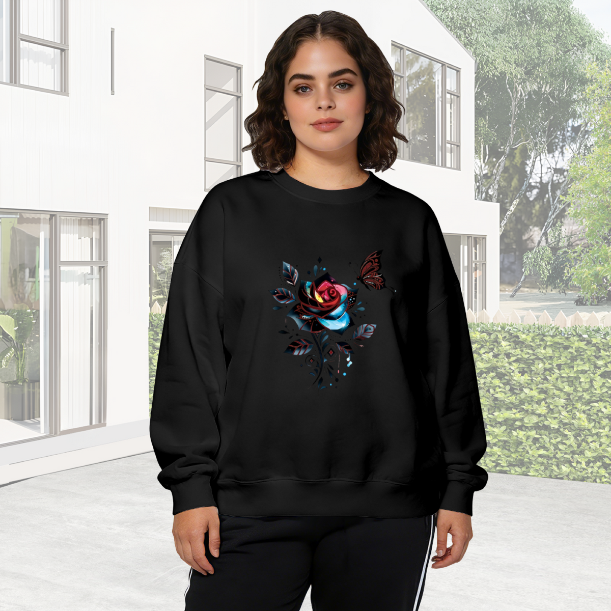 Dark Gothic Rose & Butterfly Art Crewneck Sweatshirt