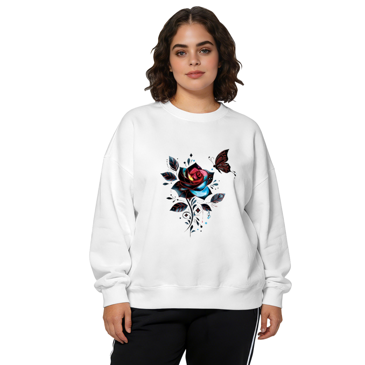 Dark Gothic Rose & Butterfly Art Crewneck Sweatshirt