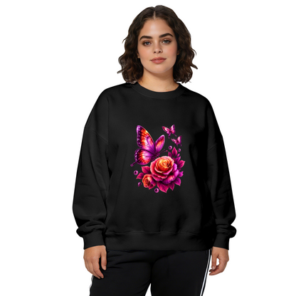 Vibrant Purple?Orange Butterfly & Rose Graphic Crewneck Sweatshirt