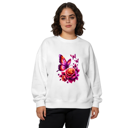 Vibrant Purple?Orange Butterfly & Rose Graphic Crewneck Sweatshirt
