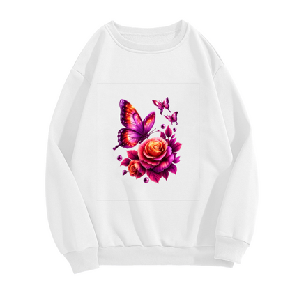 Vibrant Purple?Orange Butterfly & Rose Graphic Crewneck Sweatshirt
