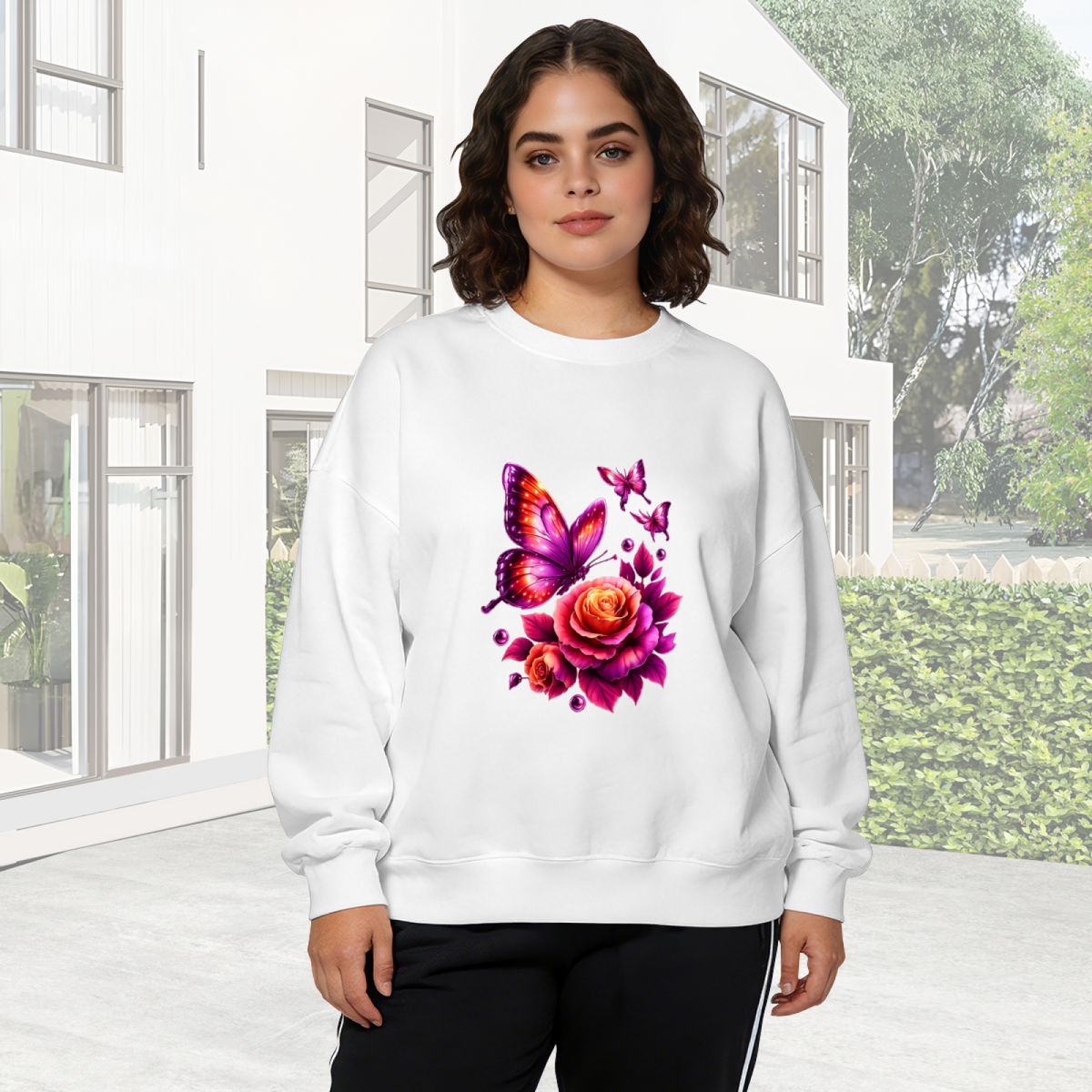 Vibrant Purple?Orange Butterfly & Rose Graphic Crewneck Sweatshirt