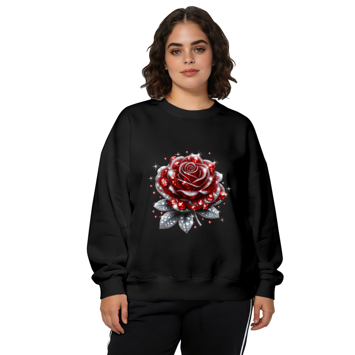 Sparkling Rhinestone?Style Red Rose Crewneck Sweatshirt