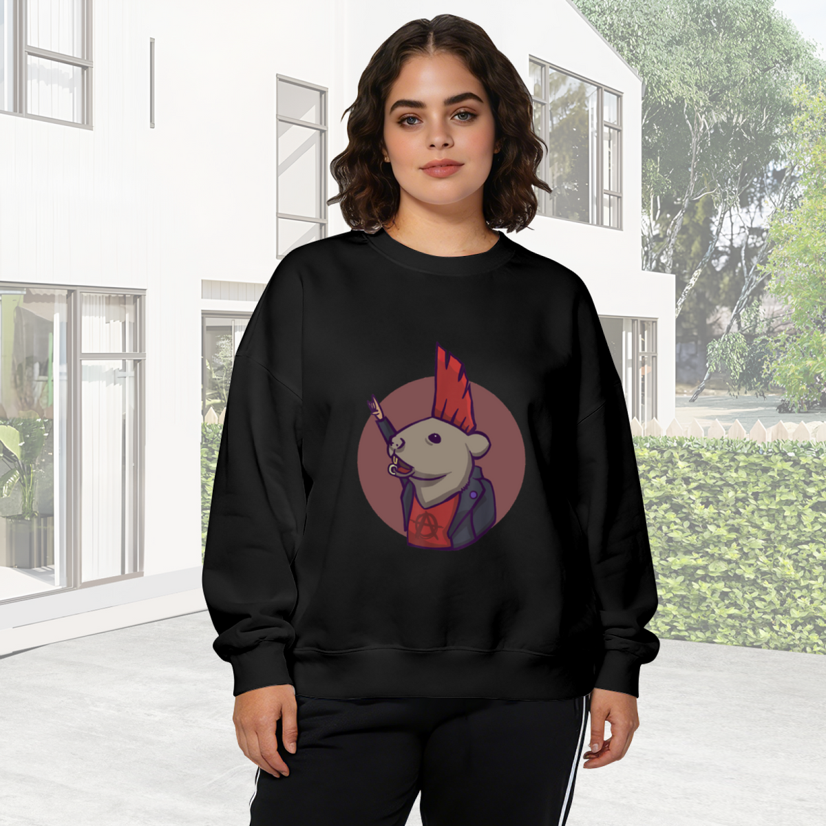 Punk Rock Rat Red Mohawk Cool Graphic Crewneck Sweatshirt