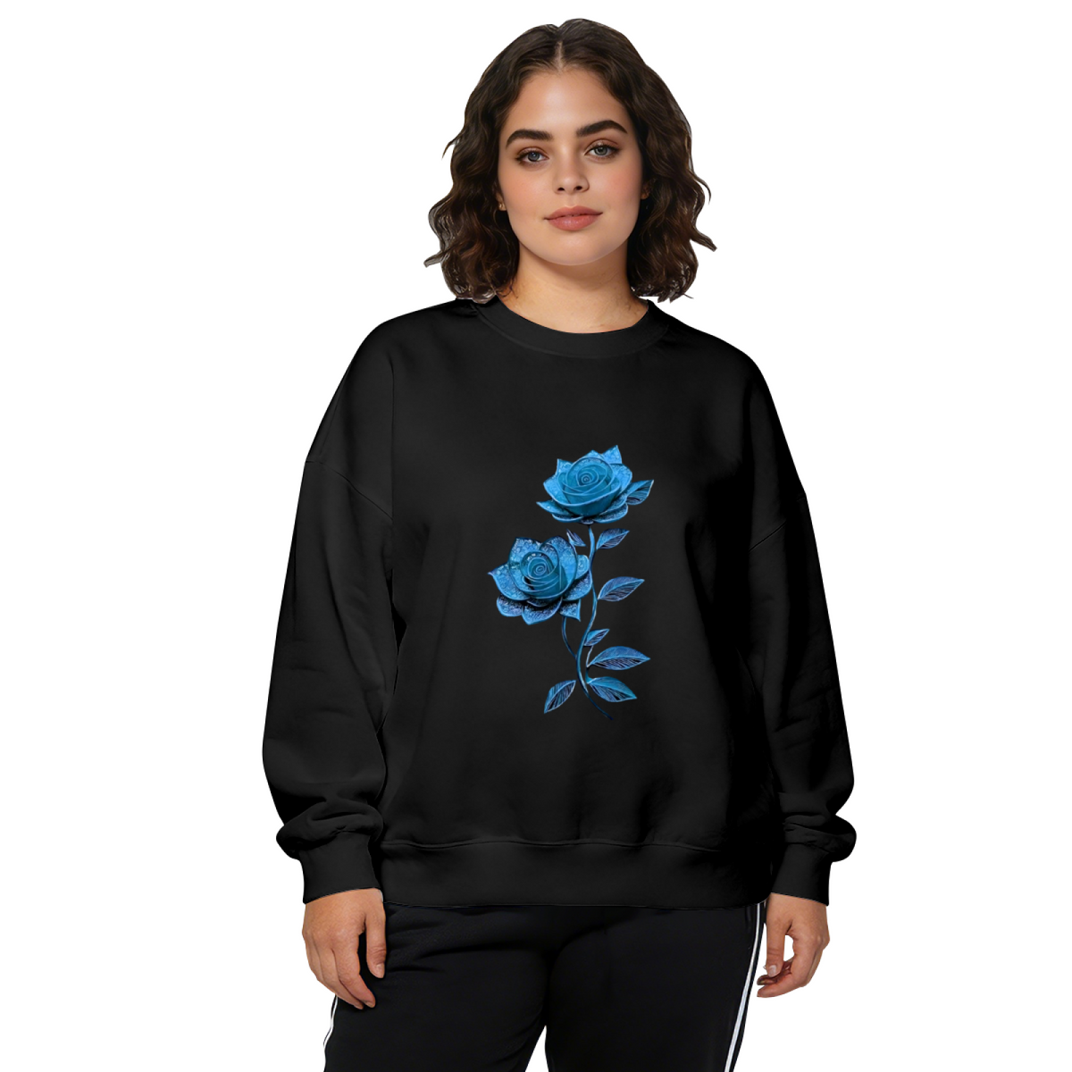 Vibrant Glossy Blue Rose Graphic Crewneck Sweatshirt