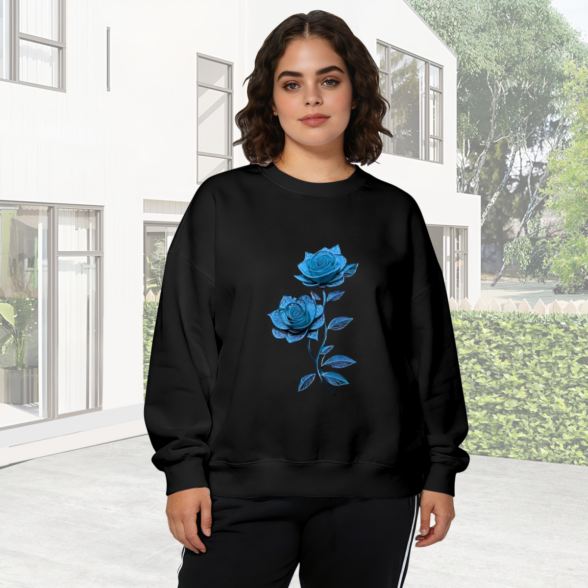 Vibrant Glossy Blue Rose Graphic Crewneck Sweatshirt