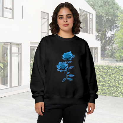Vibrant Glossy Blue Rose Graphic Crewneck Sweatshirt
