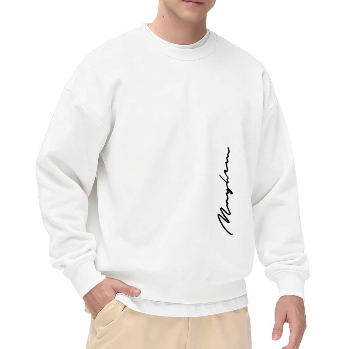 Minimal Vertical Signature Print White Crewneck Sweatshirt