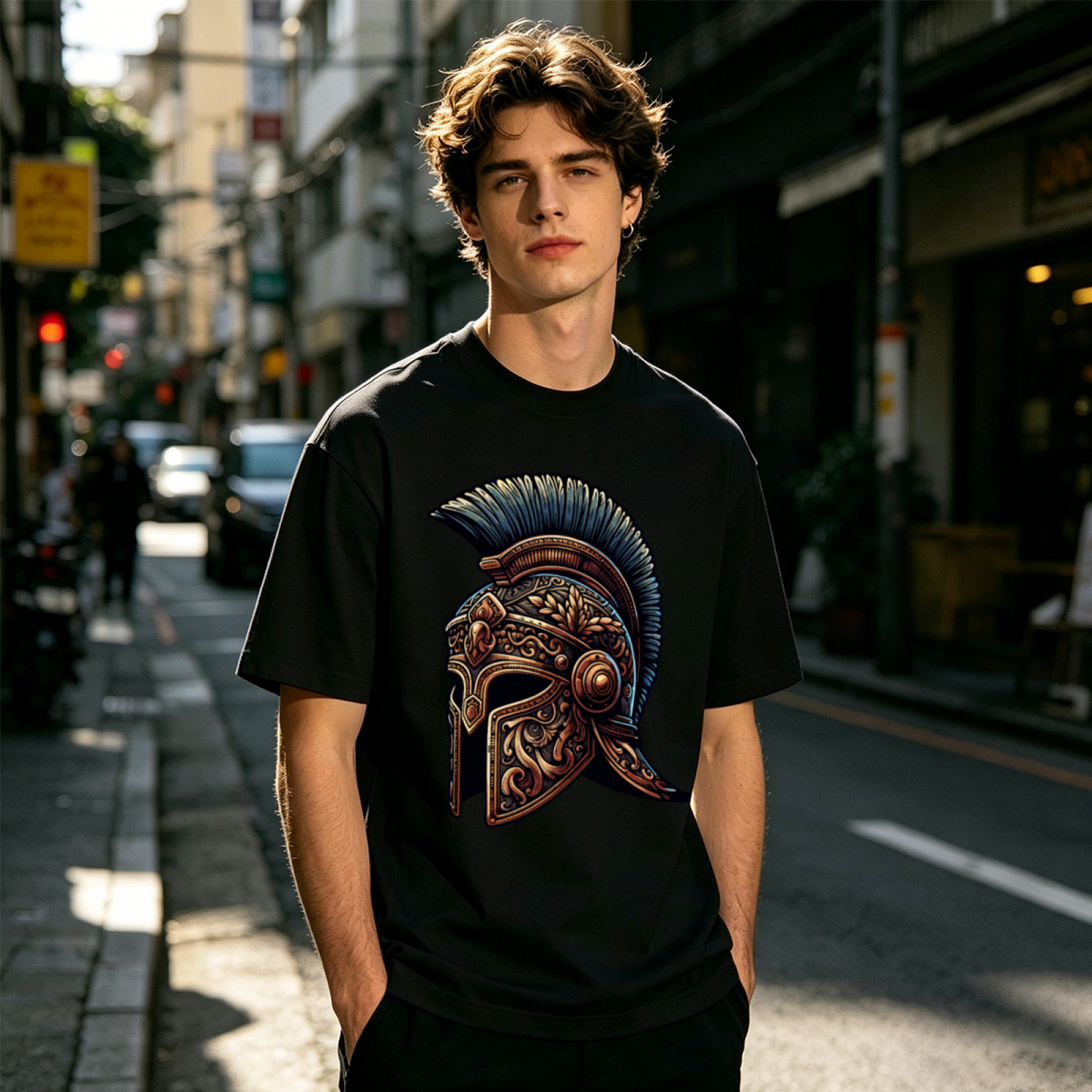 Men's Ornate Roman Spartan Warrior Helmet Retro Graphic T-Shirt