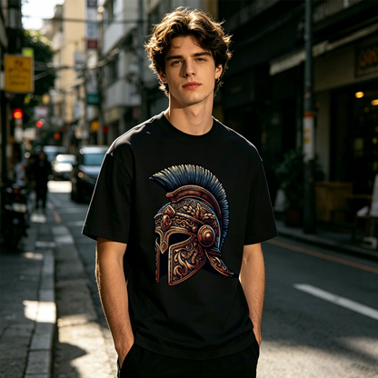 Men's Ornate Roman Spartan Warrior Helmet Retro Graphic T-Shirt