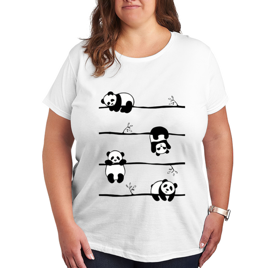Minimal Line Art Four Lazy Pandas On Bamboo Branch Cute Animal Tee