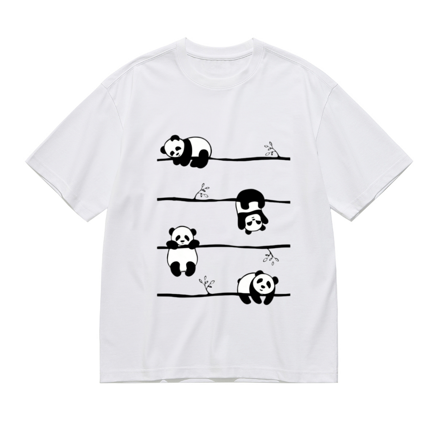 Minimal Line Art Four Lazy Pandas On Bamboo Branch Cute Animal Tee
