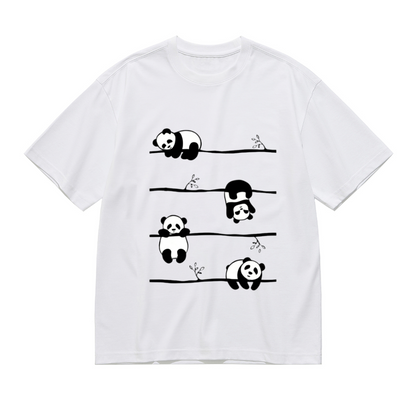 Minimal Line Art Four Lazy Pandas On Bamboo Branch Cute Animal Tee