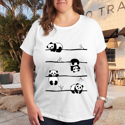 Minimal Line Art Four Lazy Pandas On Bamboo Branch Cute Animal Tee