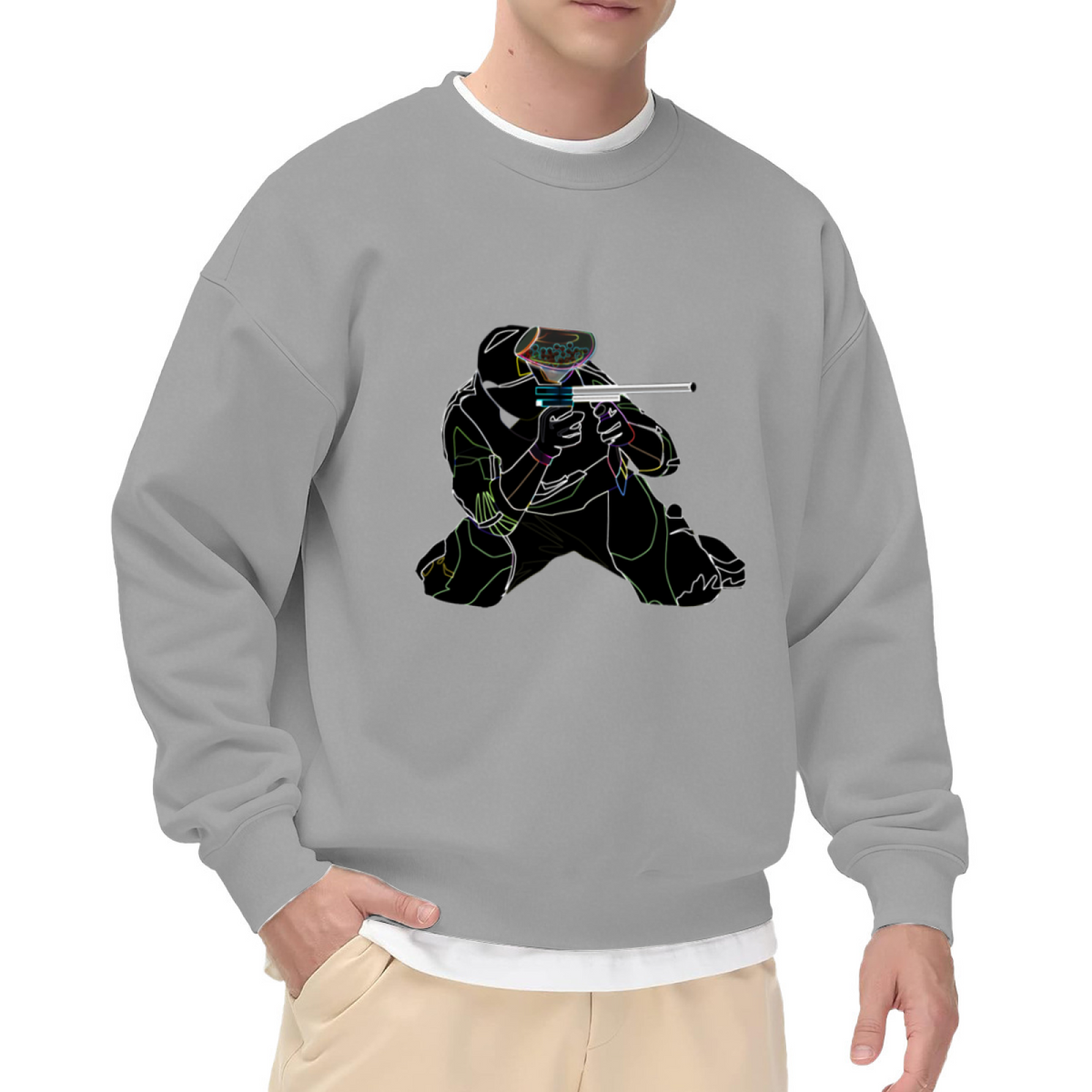Neon Paintball Player Silhouette Crewneck Sweatshirt Cool Sport Game Graphic Pullover