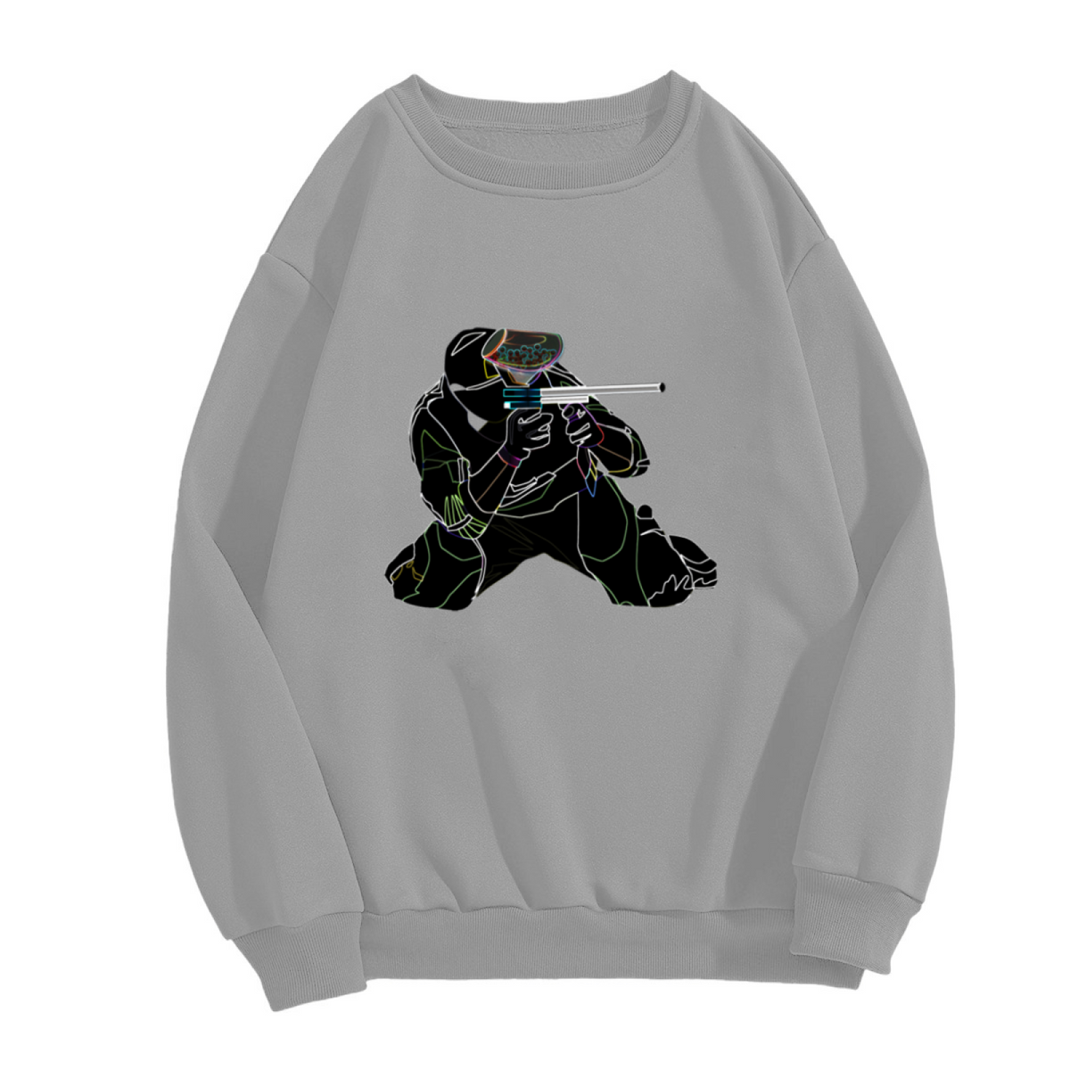 Neon Paintball Player Silhouette Crewneck Sweatshirt Cool Sport Game Graphic Pullover