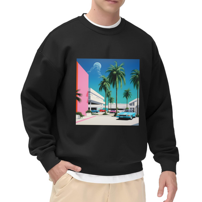 Retro Miami Palm Trees Vintage Car Art Crewneck Sweatshirt, 80s Vibe Pullover