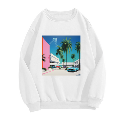 Retro Miami Palm Trees Vintage Car Art Crewneck Sweatshirt, 80s Vibe Pullover