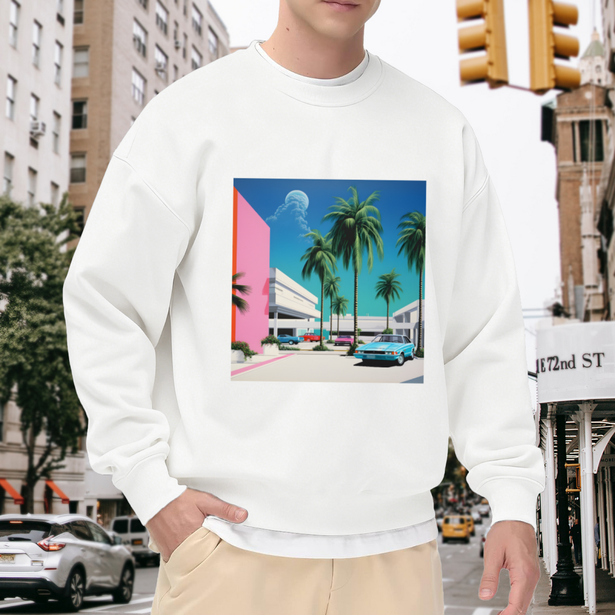 Retro Miami Palm Trees Vintage Car Art Crewneck Sweatshirt, 80s Vibe Pullover