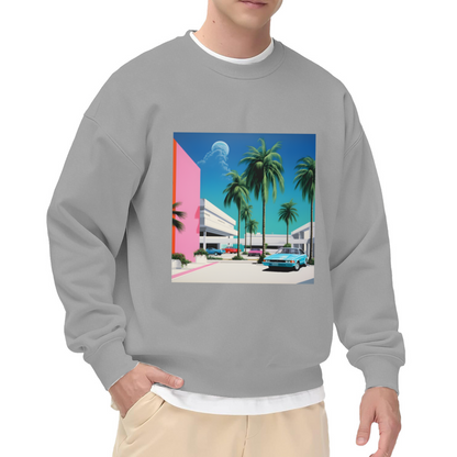 Retro Miami Palm Trees Vintage Car Art Crewneck Sweatshirt, 80s Vibe Pullover