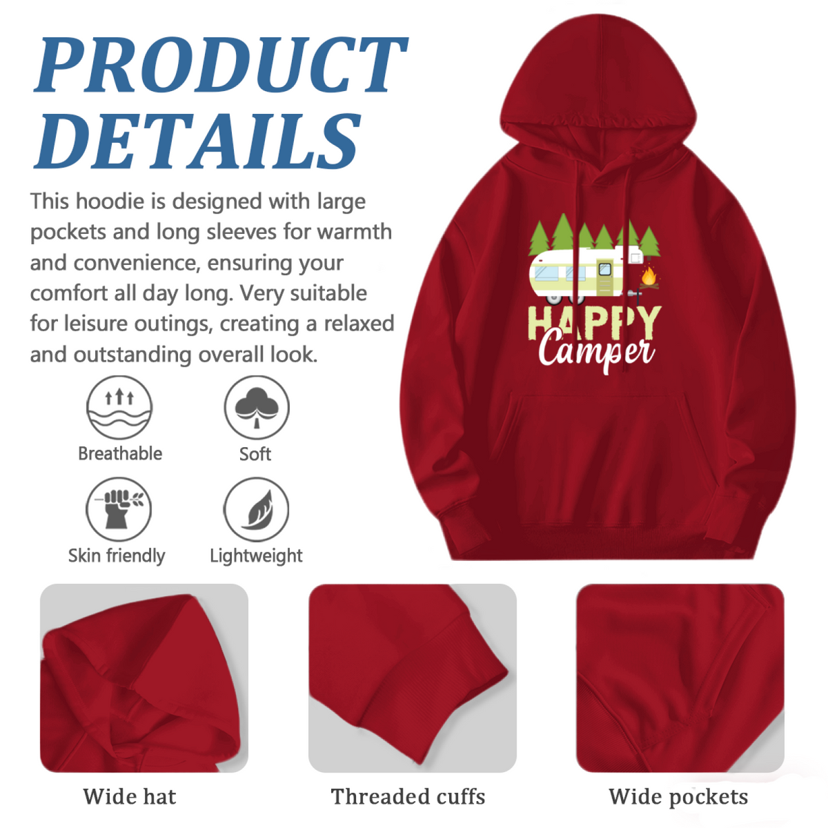 Happy Camper RV Camping Graphic Red Hoodie, Lightweight Comfort Outdoor Pullover
