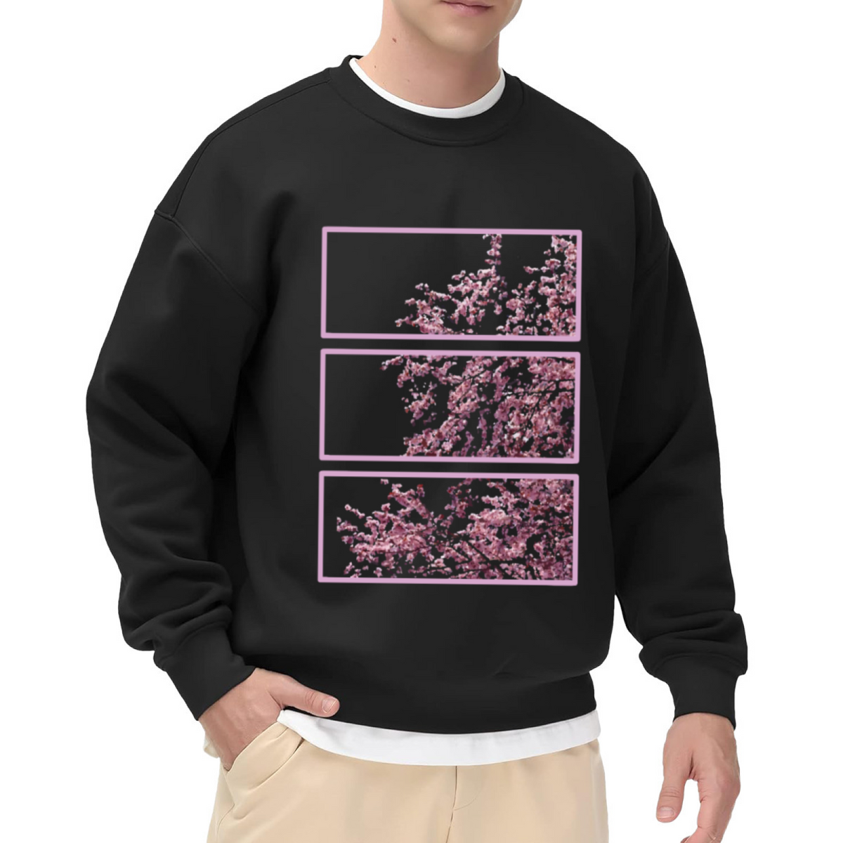 Three?Panel Cherry Blossom Japanese Sakura Art Crewneck Sweatshirt