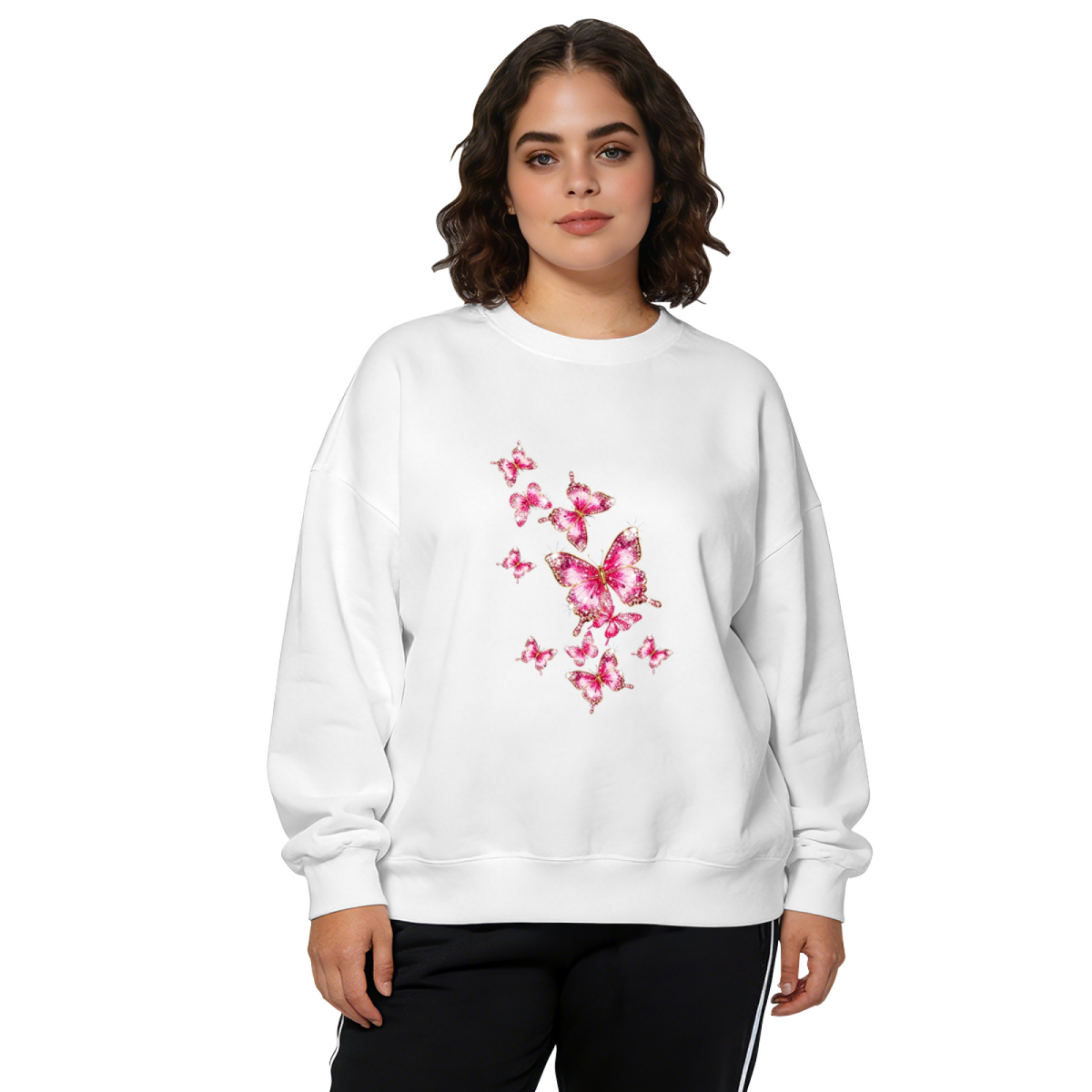 Sparkly Pink Glitter?Style Flying Butterflies Crewneck Sweatshirt