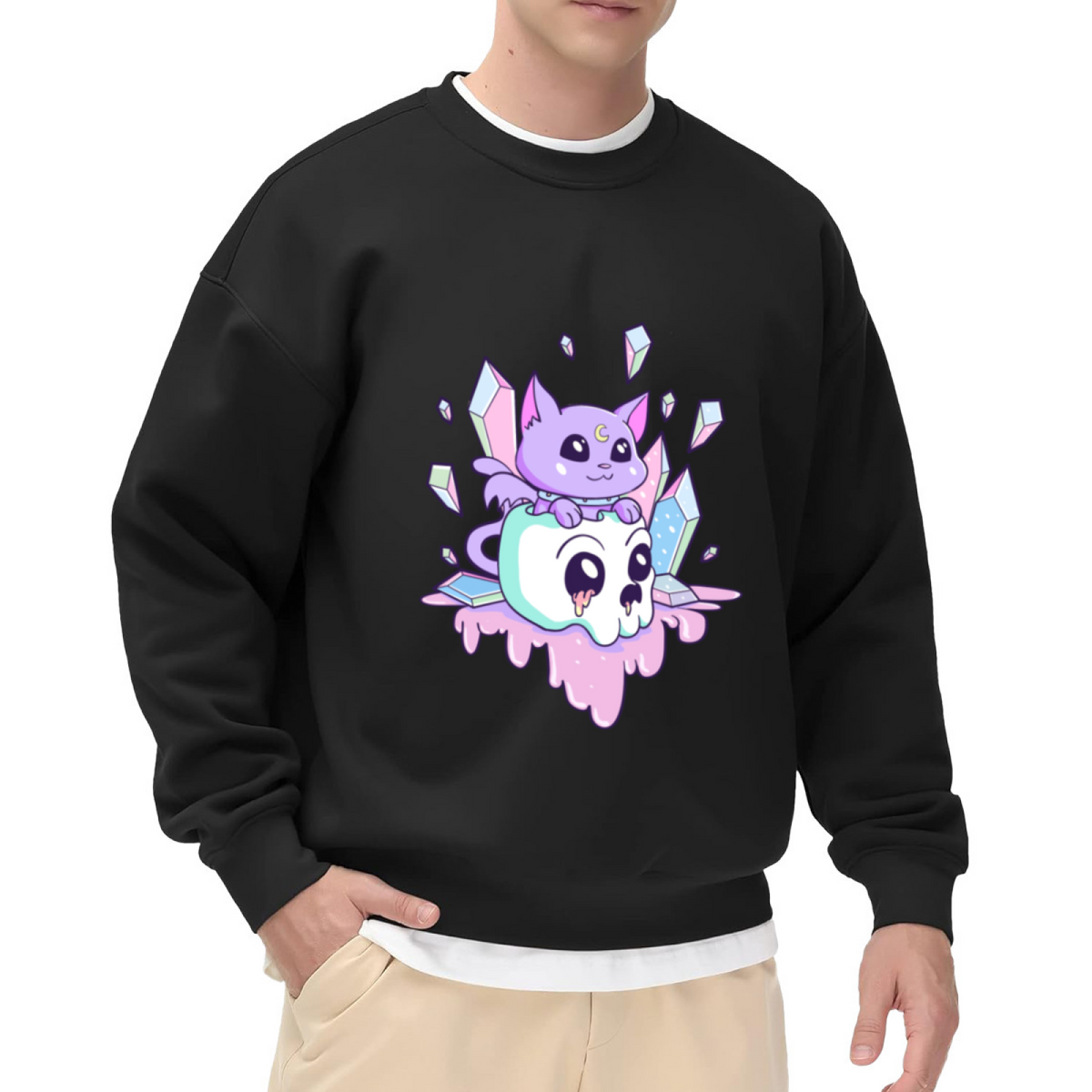 Pastel Goth Magic Cat Skull Crystal Witchy Aesthetic Crewneck Sweatshirt