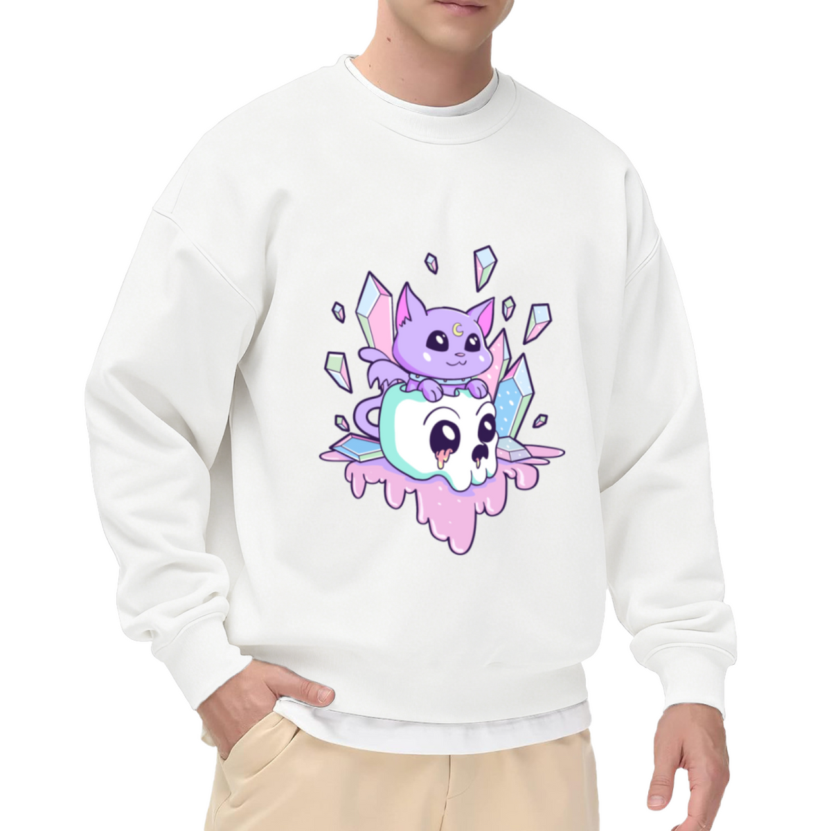 Pastel Goth Magic Cat Skull Crystal Witchy Aesthetic Crewneck Sweatshirt