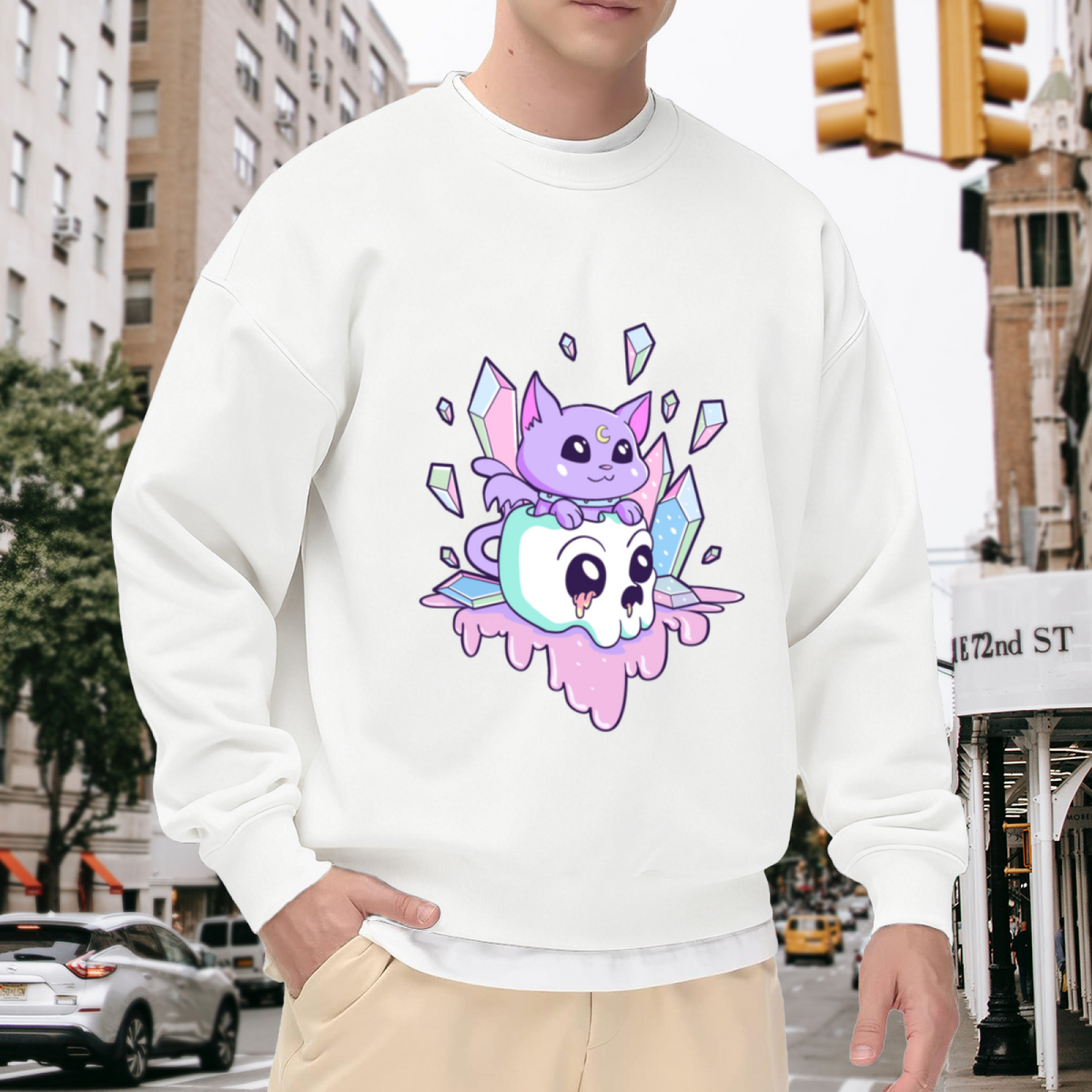 Pastel Goth Magic Cat Skull Crystal Witchy Aesthetic Crewneck Sweatshirt