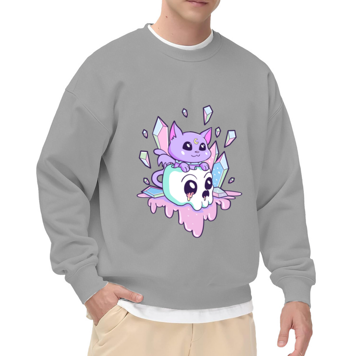Pastel Goth Magic Cat Skull Crystal Witchy Aesthetic Crewneck Sweatshirt