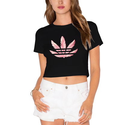Pink Feather Three-Leaf Logo White Crop Top ¨C Soft Girly Sporty Minimal Short T-Shirt