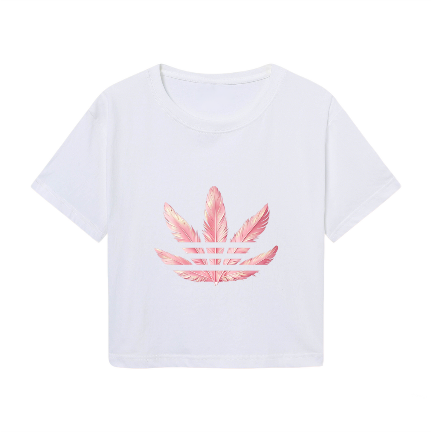 Pink Feather Three-Leaf Logo White Crop Top ¨C Soft Girly Sporty Minimal Short T-Shirt