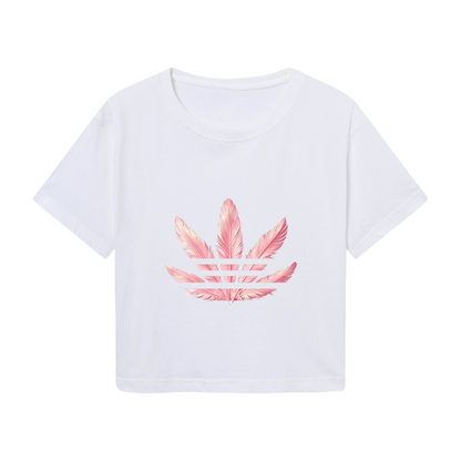 Pink Feather Three-Leaf Logo White Crop Top ¨C Soft Girly Sporty Minimal Short T-Shirt