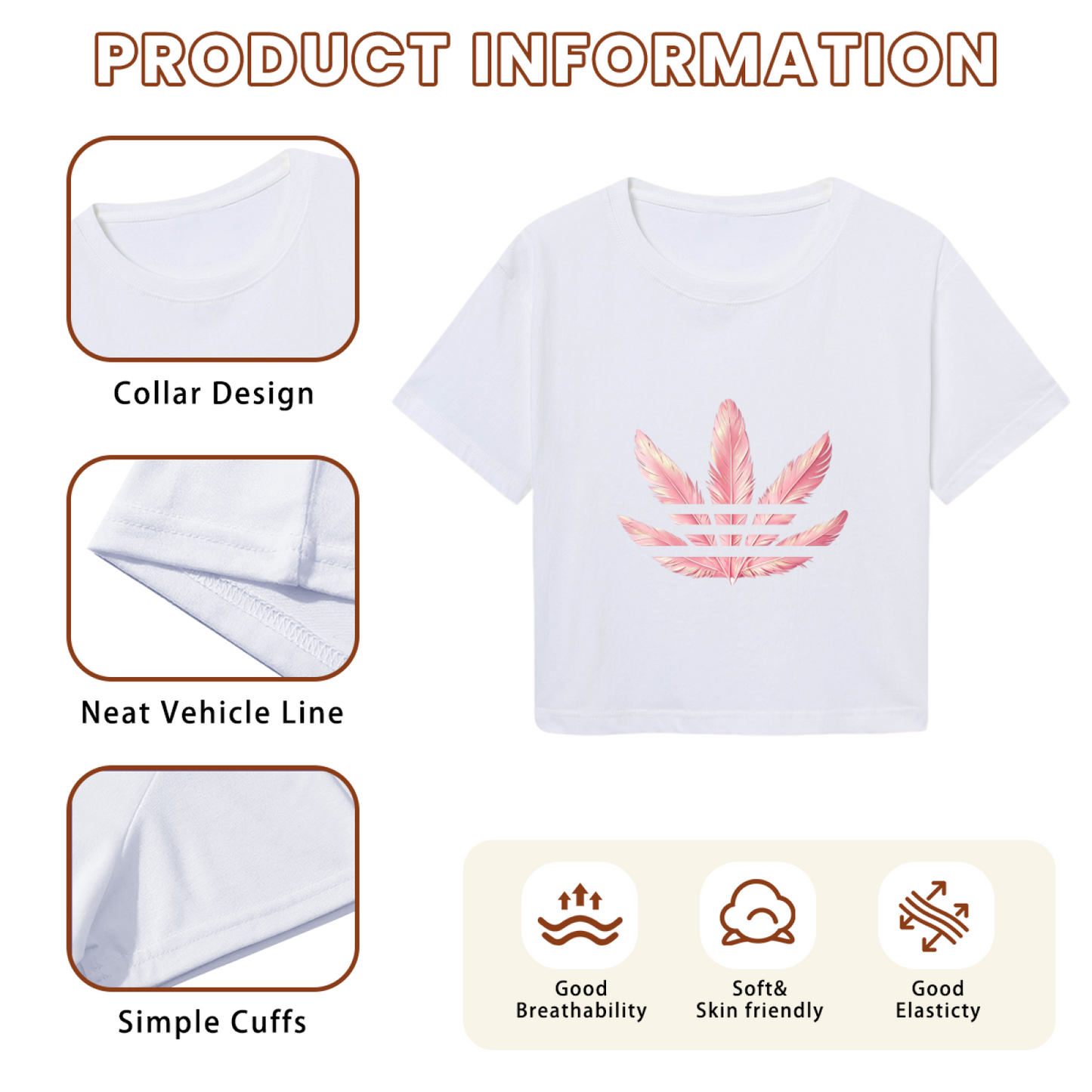 Pink Feather Three-Leaf Logo White Crop Top ¨C Soft Girly Sporty Minimal Short T-Shirt