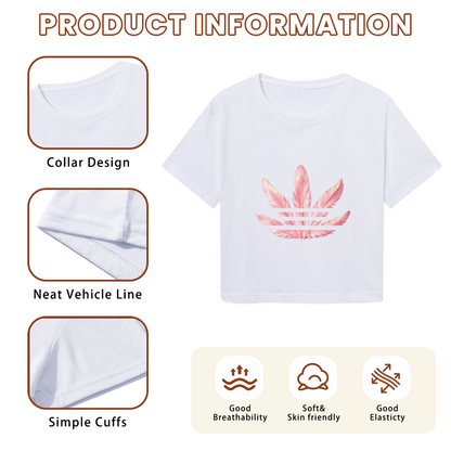 Pink Feather Three-Leaf Logo White Crop Top ¨C Soft Girly Sporty Minimal Short T-Shirt
