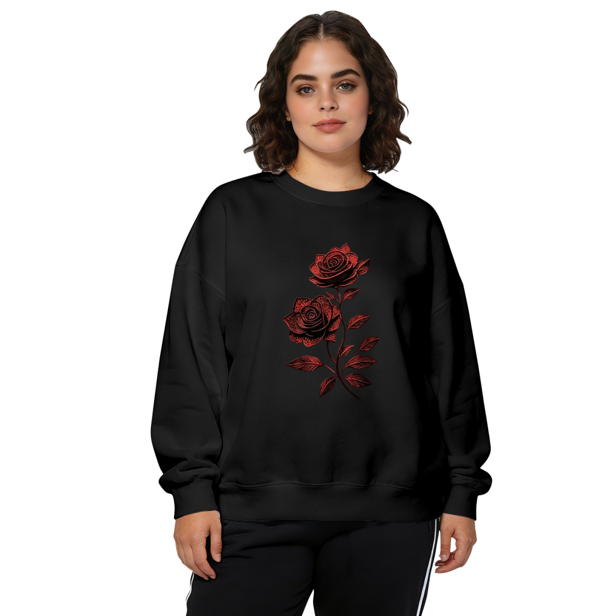Vintage Red Glitter Rose Botanical Graphic Crewneck Sweatshirt