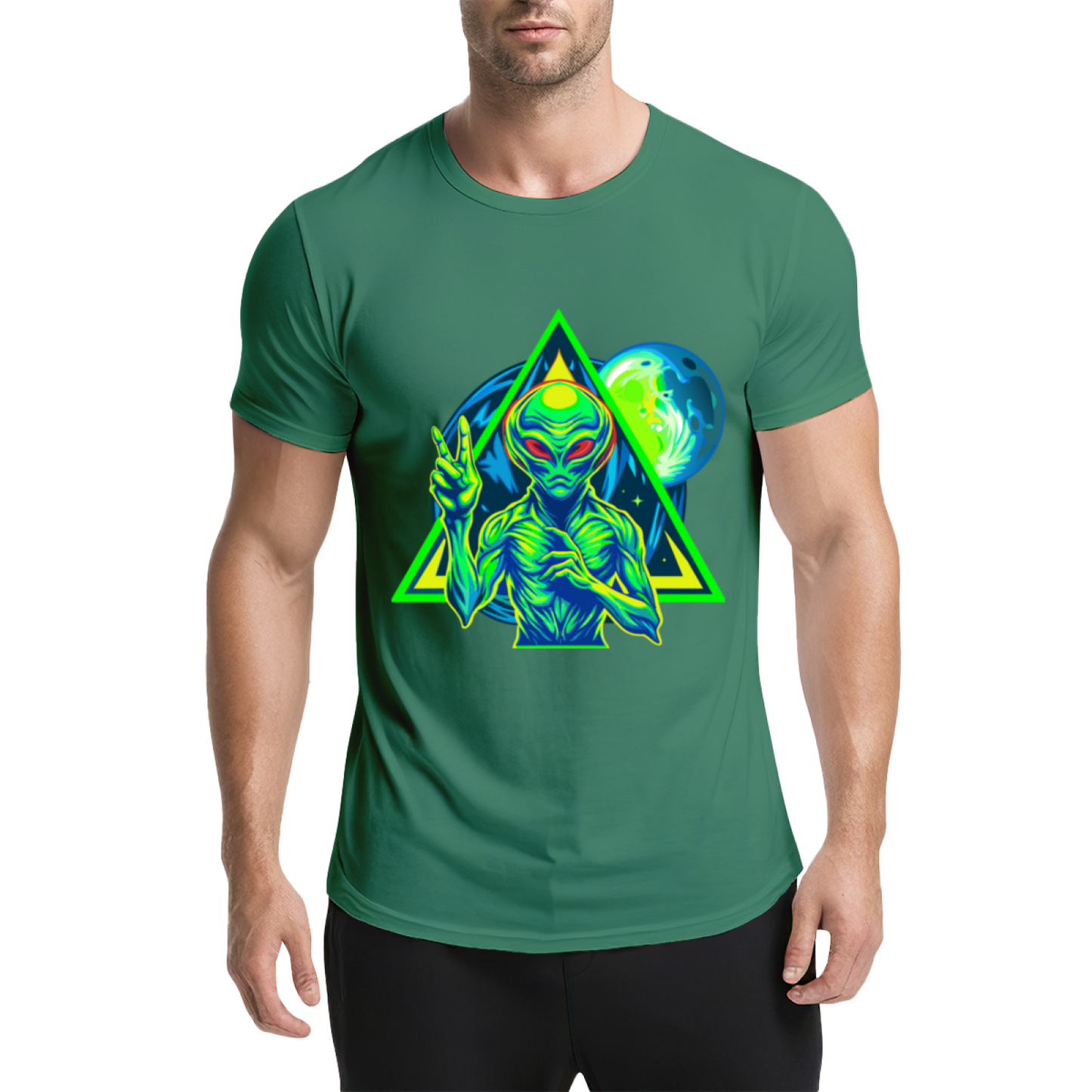 Neon Triangle UFO Alien Black Tee, Cyberpunk Sci-Fi Cool Street Graphic Shirt