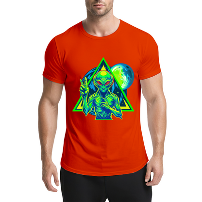 Neon Triangle UFO Alien Black Tee, Cyberpunk Sci-Fi Cool Street Graphic Shirt
