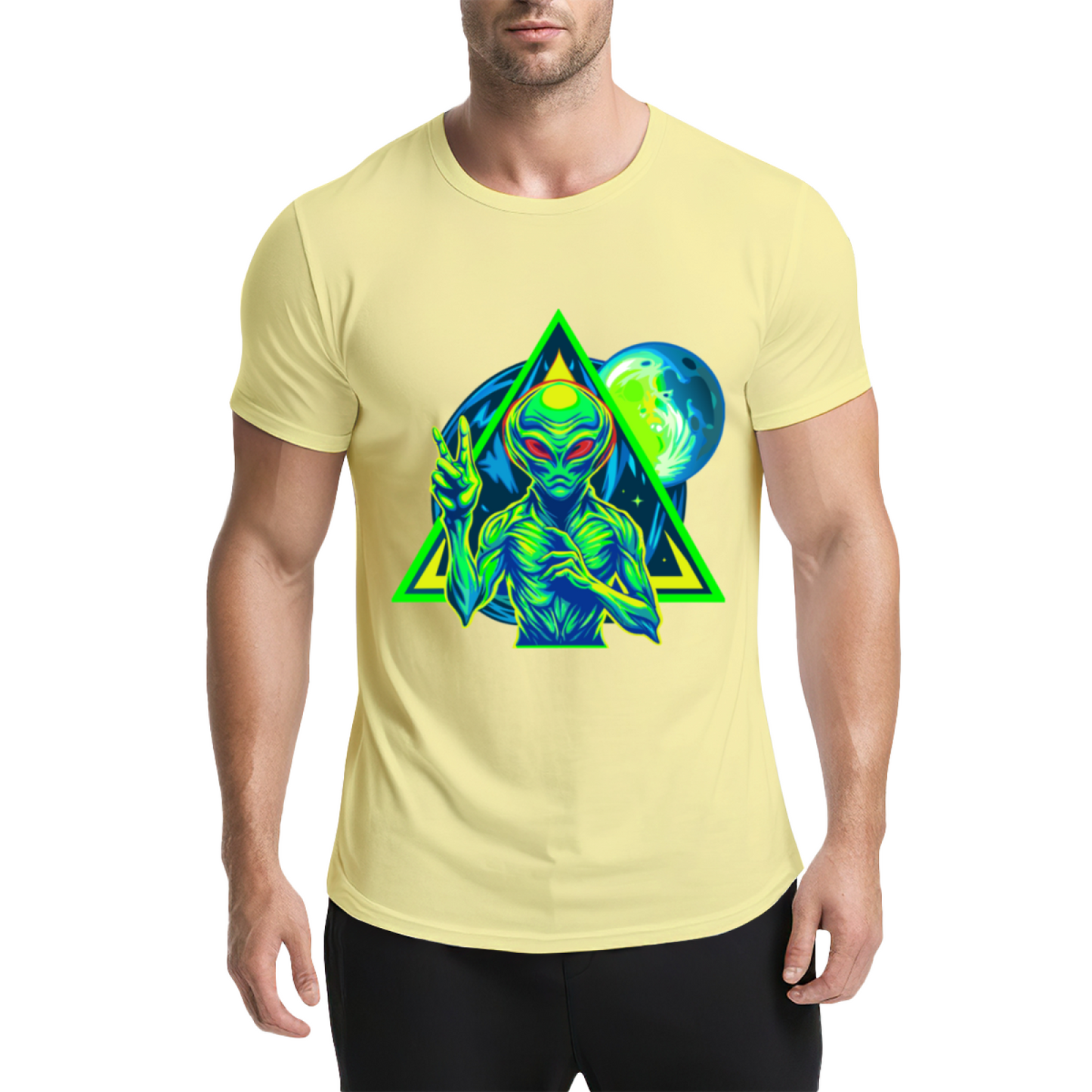 Neon Triangle UFO Alien Black Tee, Cyberpunk Sci-Fi Cool Street Graphic Shirt