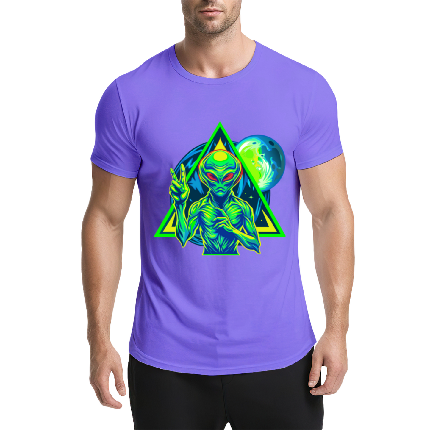 Neon Triangle UFO Alien Black Tee, Cyberpunk Sci-Fi Cool Street Graphic Shirt