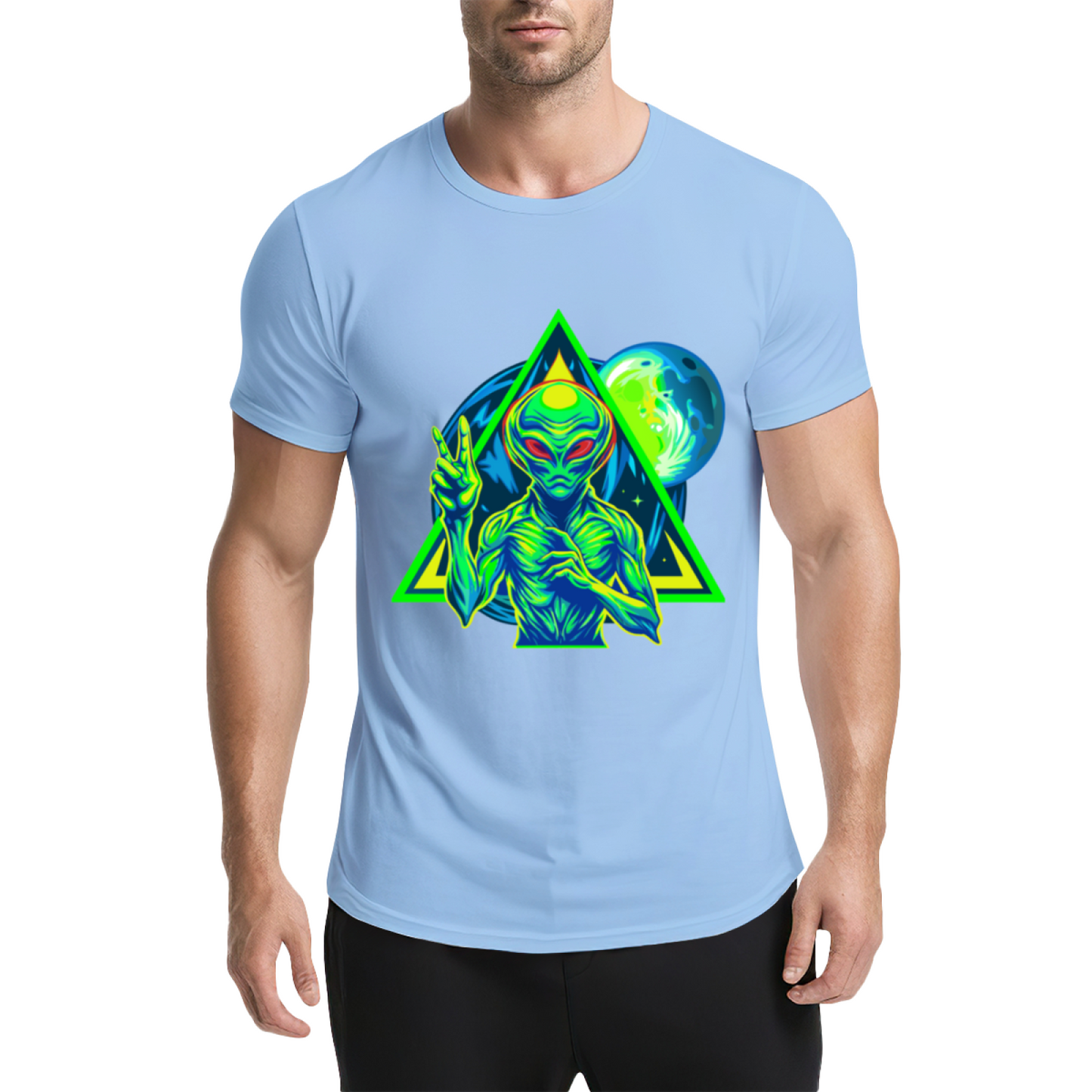 Neon Triangle UFO Alien Black Tee, Cyberpunk Sci-Fi Cool Street Graphic Shirt