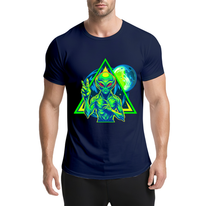 Neon Triangle UFO Alien Black Tee, Cyberpunk Sci-Fi Cool Street Graphic Shirt