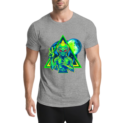 Neon Triangle UFO Alien Black Tee, Cyberpunk Sci-Fi Cool Street Graphic Shirt