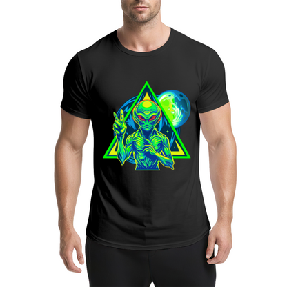 Neon Triangle UFO Alien Black Tee, Cyberpunk Sci-Fi Cool Street Graphic Shirt